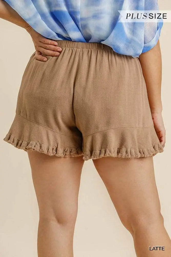 Linen Blend Elastic Waist Ruffle Hem Shorts With Pockets Blue Zone Planet