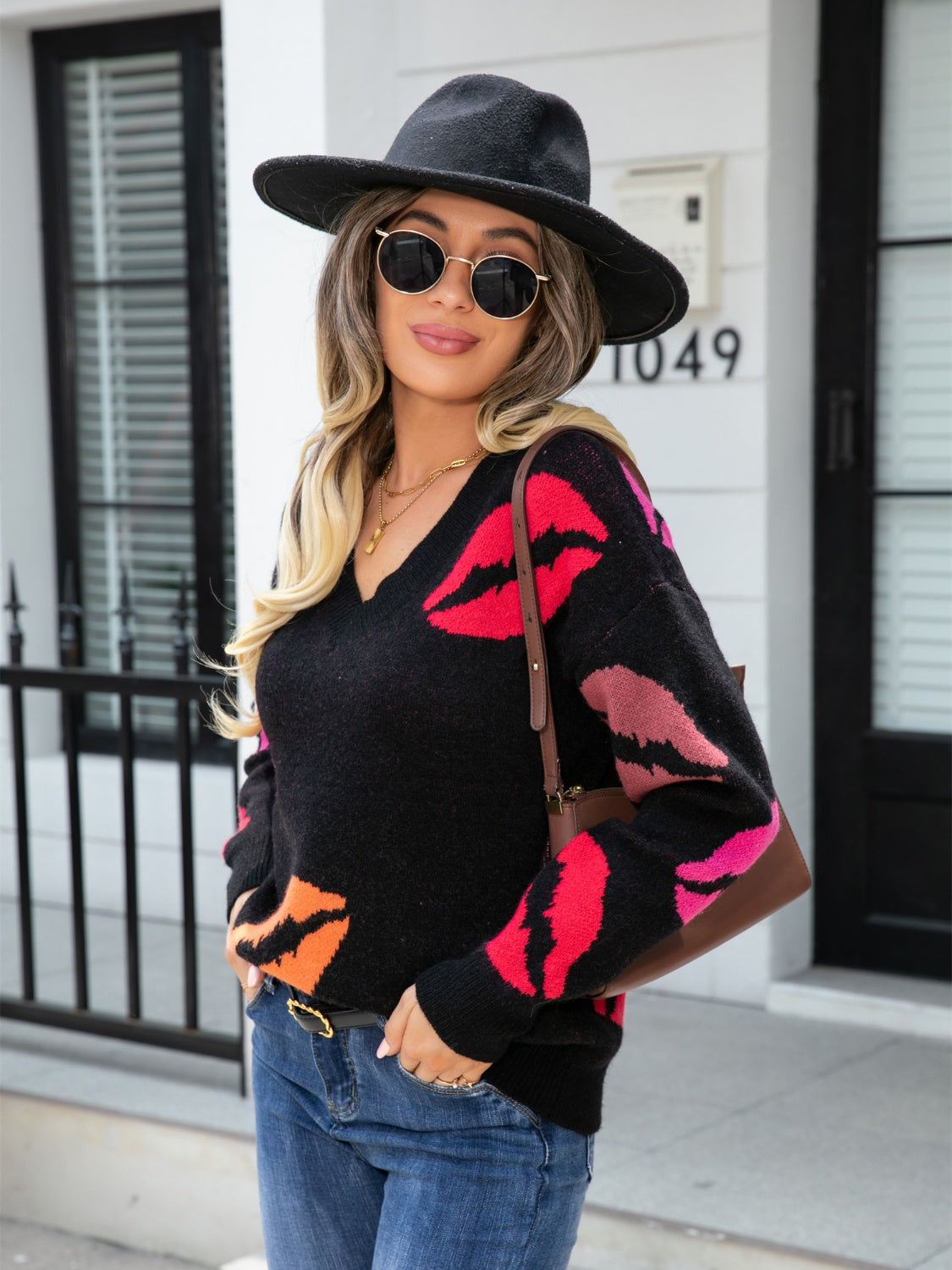 Lip V-Neck Drop Shoulder Sweater BLUE ZONE PLANET