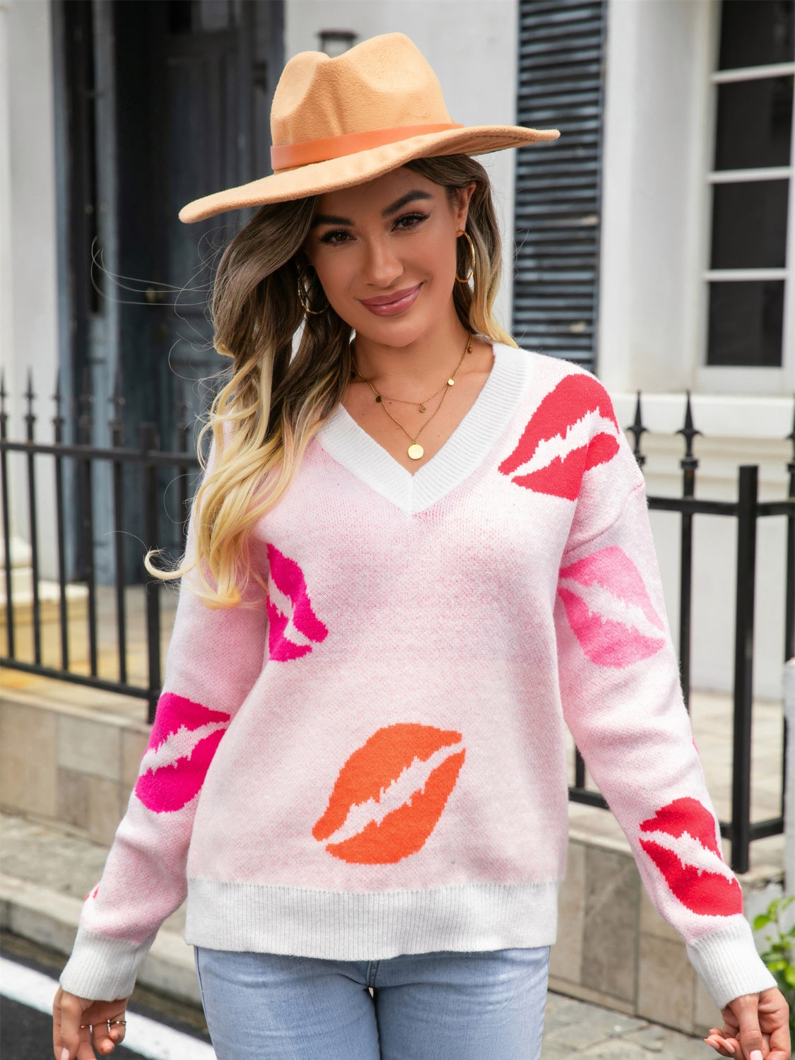 Lip V-Neck Drop Shoulder Sweater BLUE ZONE PLANET