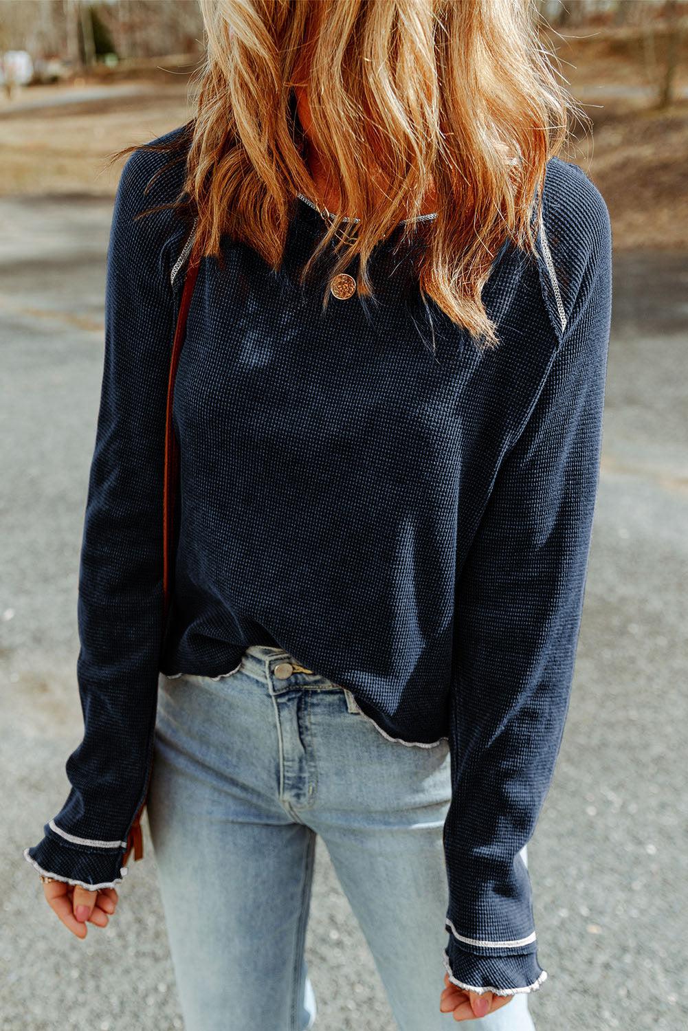 Long Raglan Sleeve Round Neck Top BLUE ZONE PLANET