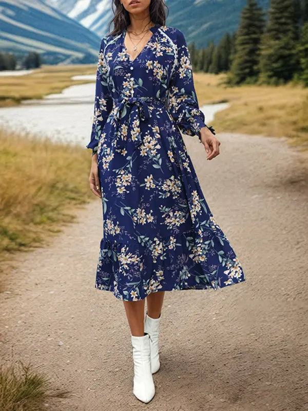 Long Sleeve Flower Print Dress BLUE ZONE PLANET
