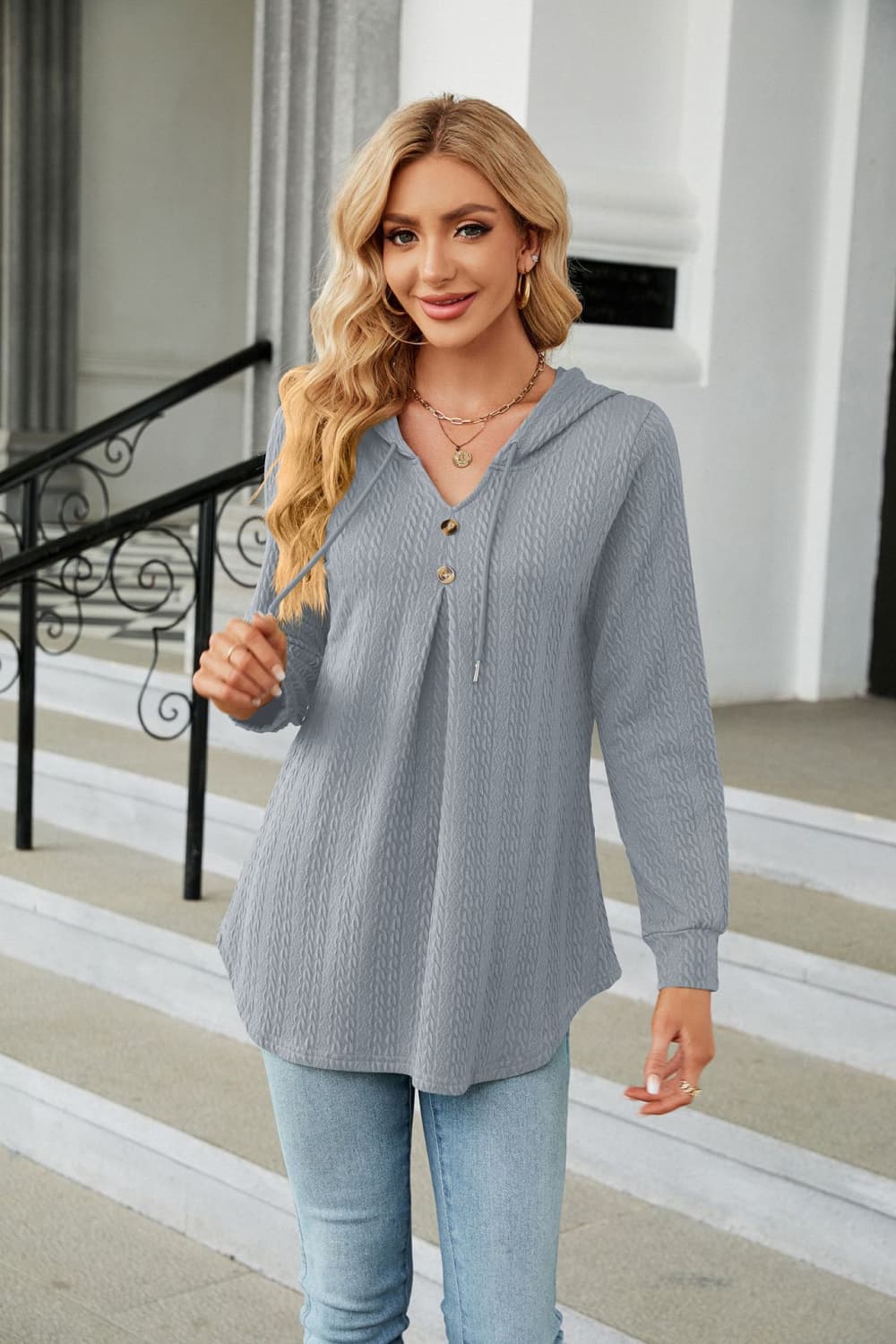 Long Sleeve Hooded Blouse BLUE ZONE PLANET