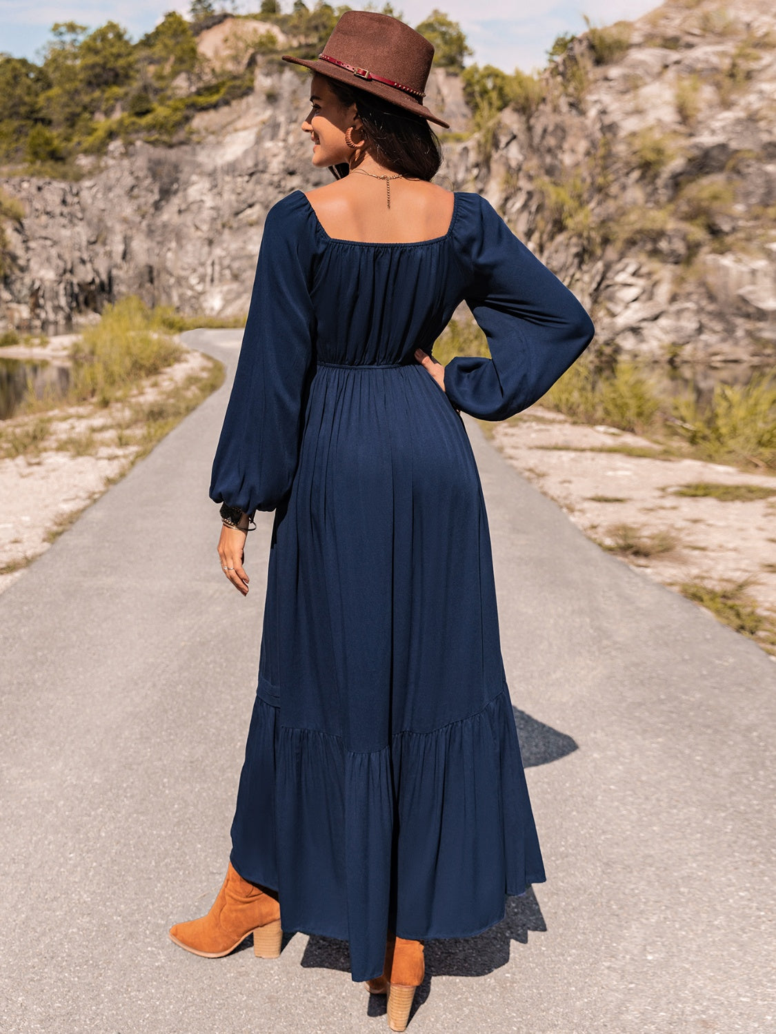 Long Sleeve Lace Trim Maxi Dress BLUE ZONE PLANET