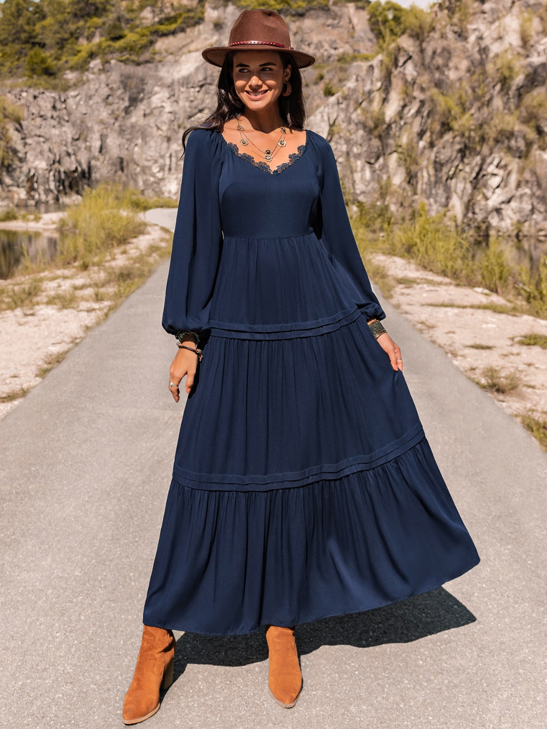 Long Sleeve Lace Trim Maxi Dress BLUE ZONE PLANET