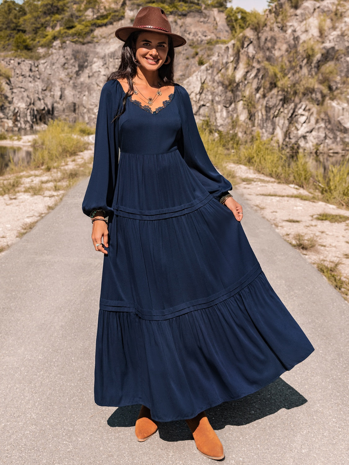Long Sleeve Lace Trim Maxi Dress BLUE ZONE PLANET
