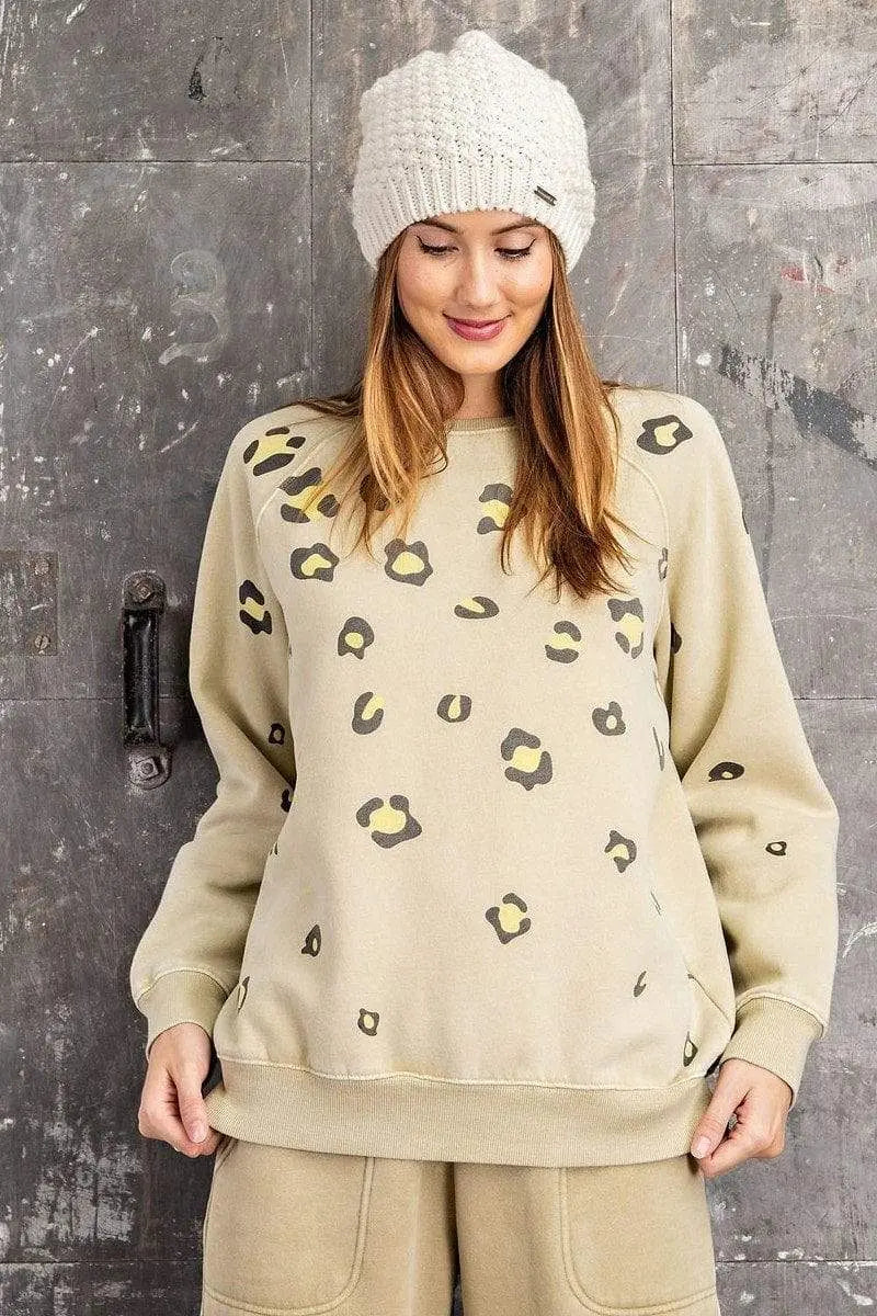 Long Sleeve Leopard Print Washed Terry Sweatshirt Blue Zone Planet