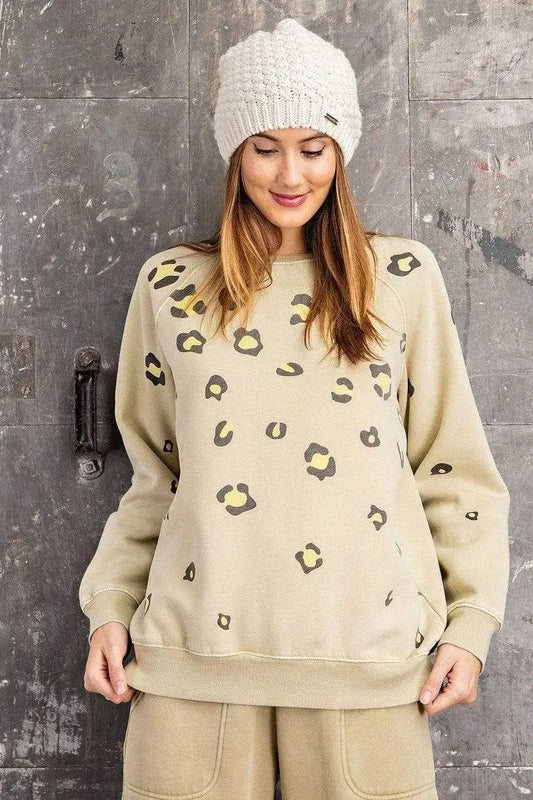 Long Sleeve Leopard Print Washed Terry Sweatshirt Blue Zone Planet
