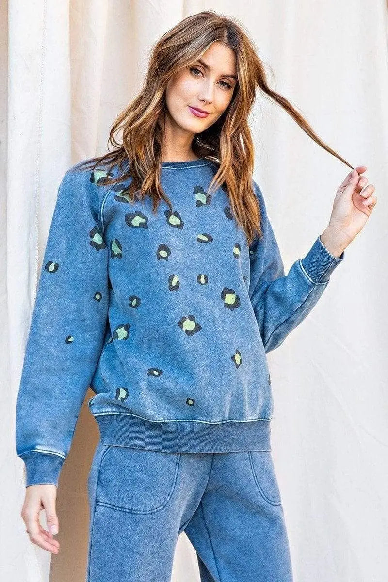 Long Sleeve Leopard Print Washed Terry Sweatshirt Blue Zone Planet