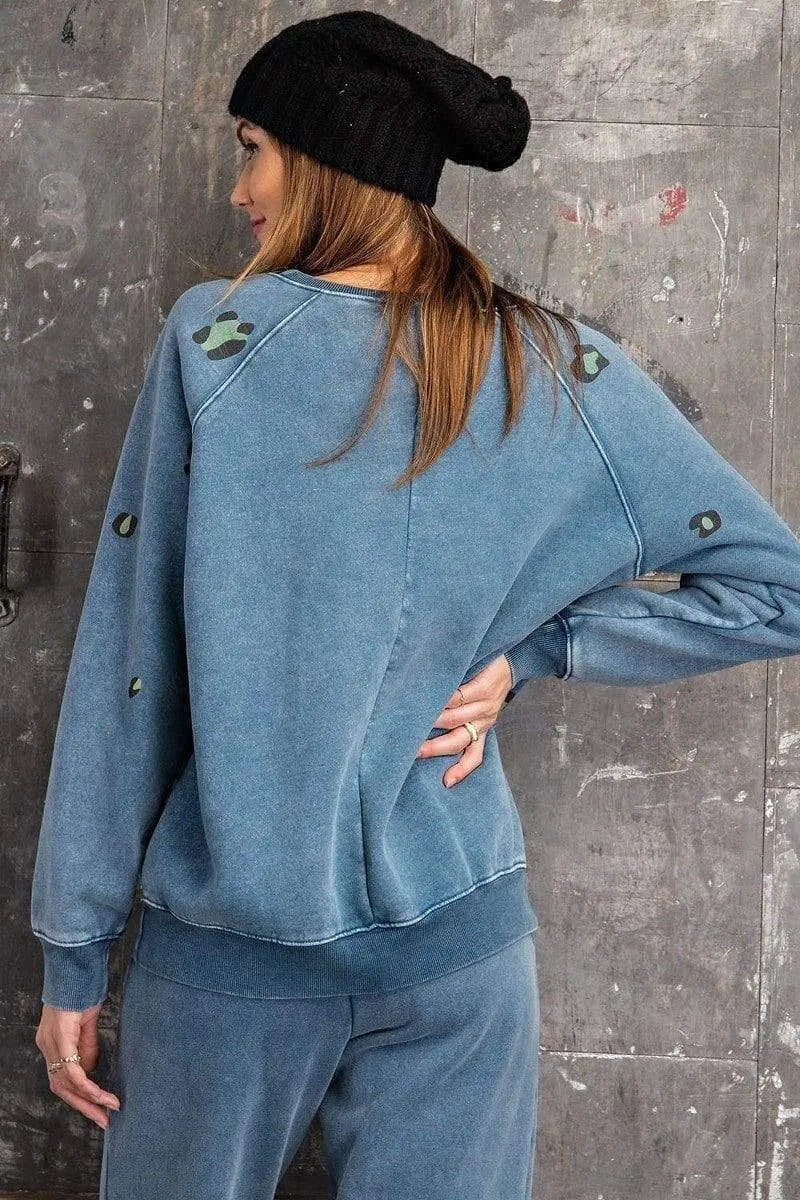 Long Sleeve Leopard Print Washed Terry Sweatshirt Blue Zone Planet