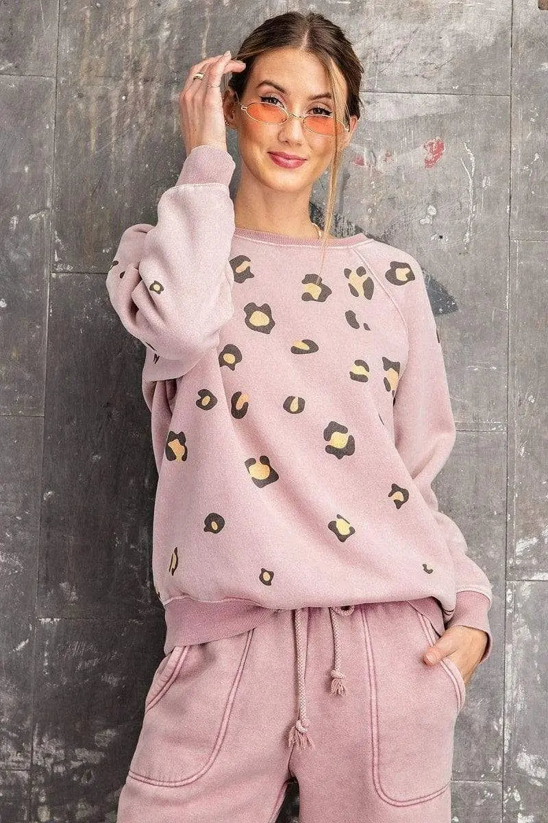 Long Sleeve Leopard Print Washed Terry Sweatshirt Blue Zone Planet