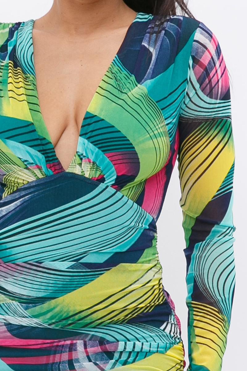 Long Sleeve Printed V-neck Bodycon Dress Blue Zone Planet