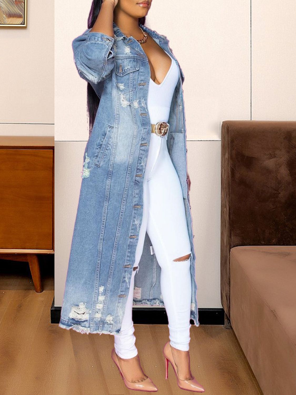 Long Sleeve Raw Hem Denim Jacket BLUE ZONE PLANET