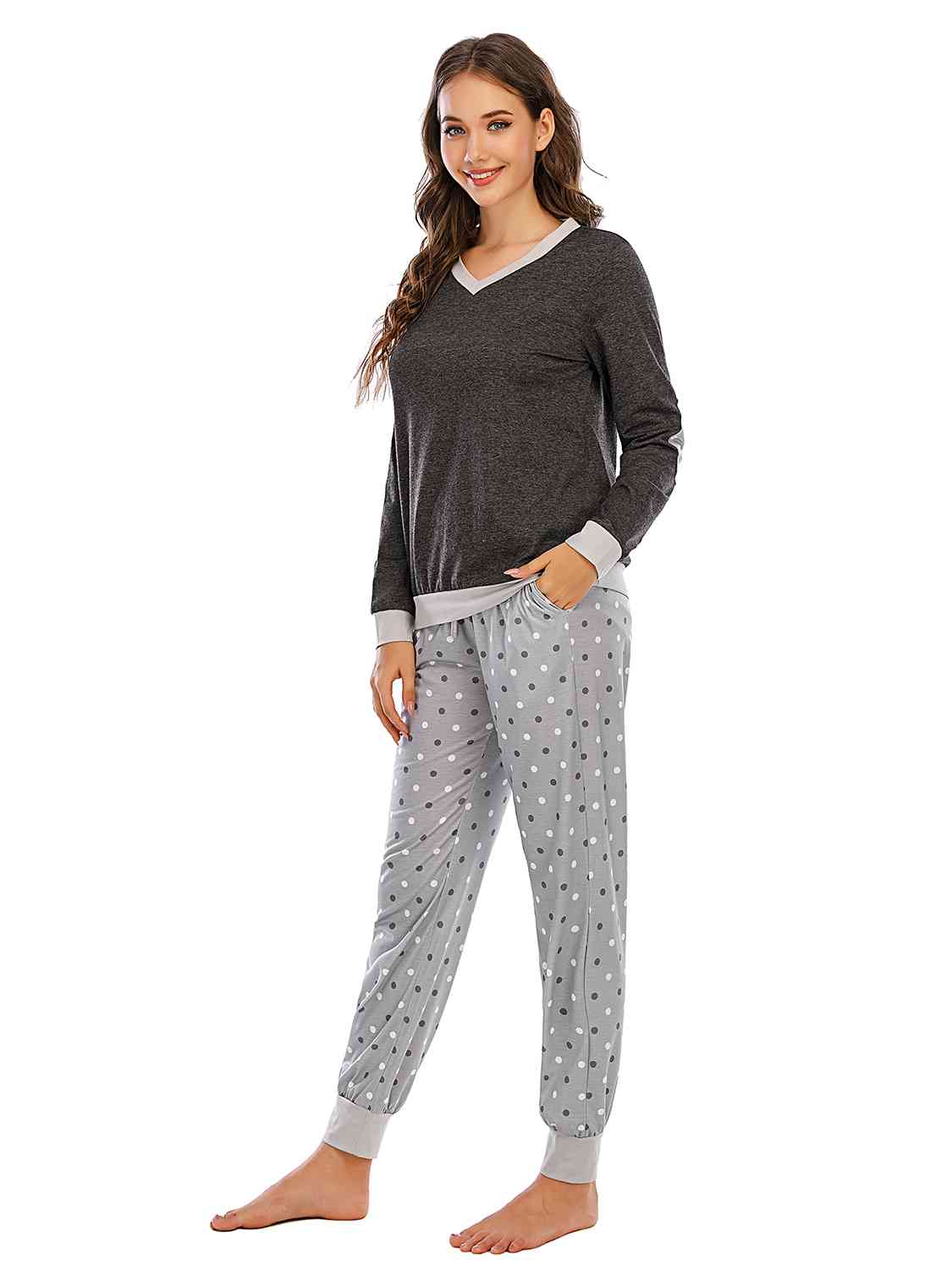 Long Sleeve Top and Polka Dot Pants Set BLUE ZONE PLANET