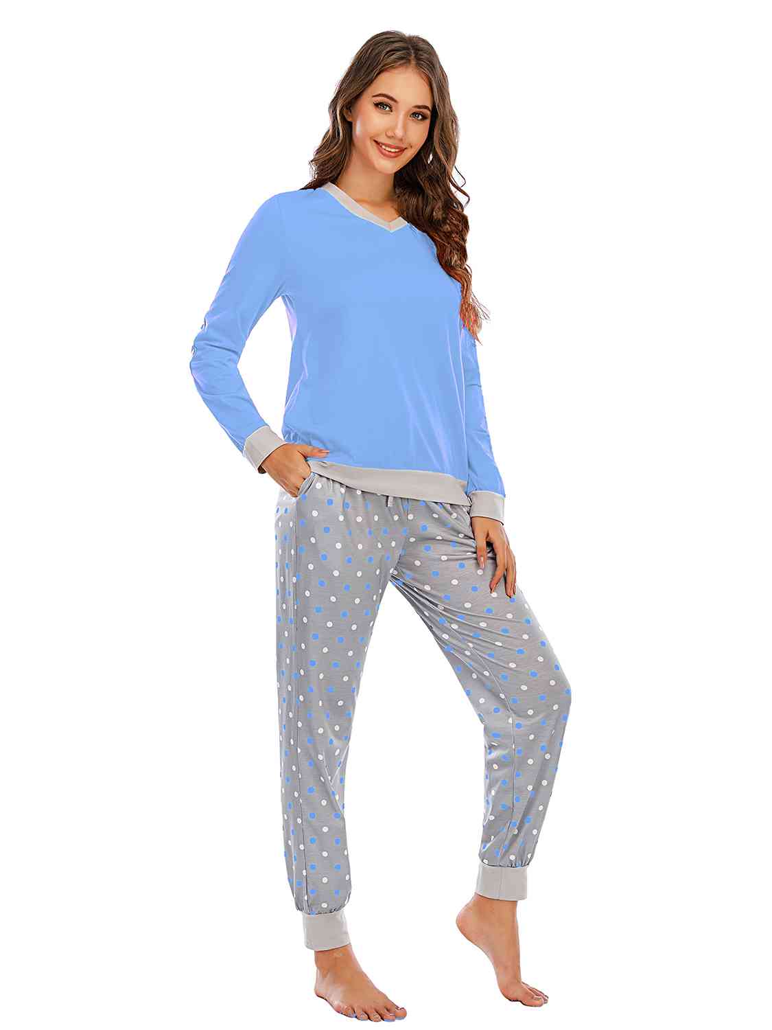 Long Sleeve Top and Polka Dot Pants Set BLUE ZONE PLANET