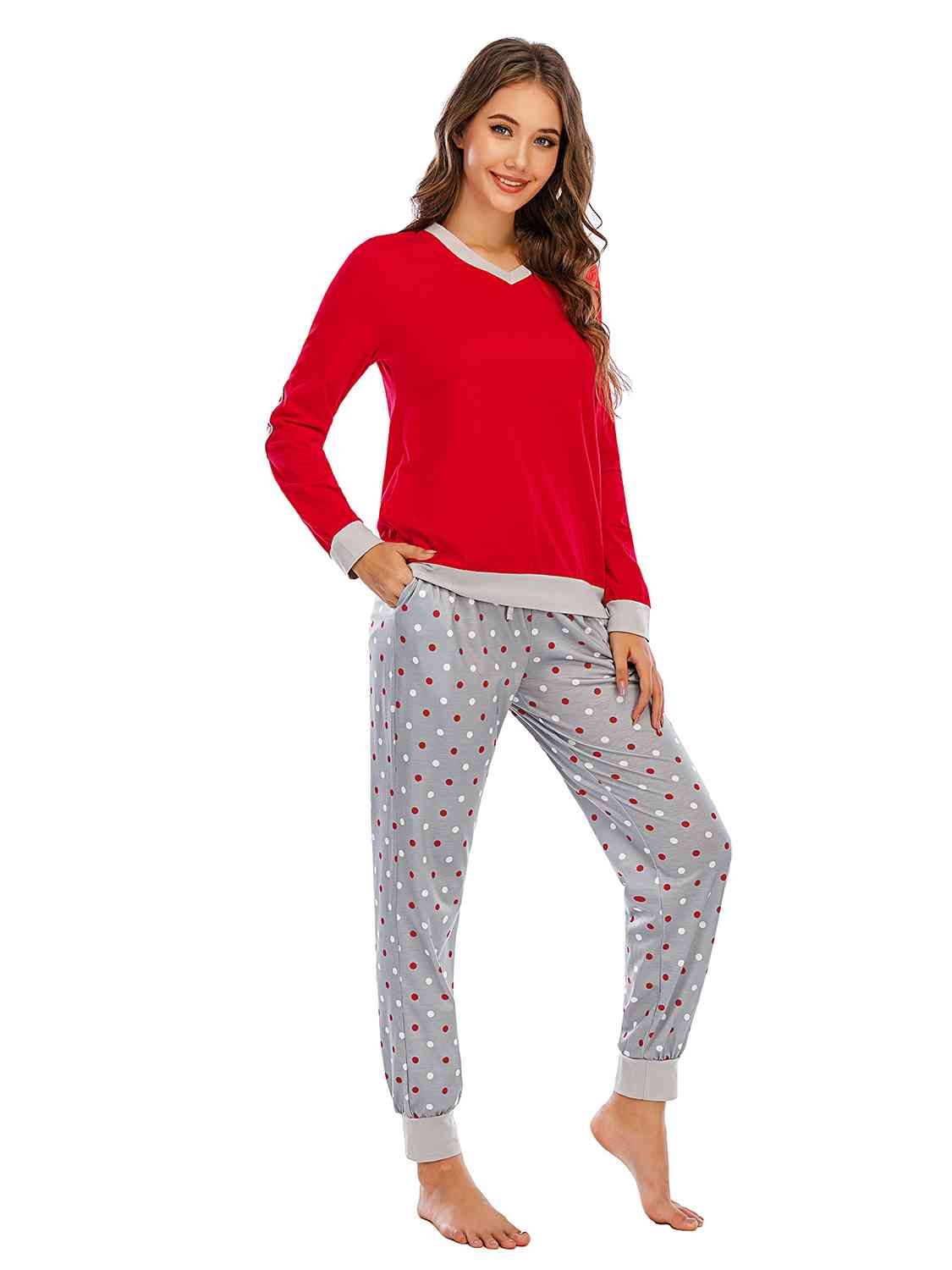 Long Sleeve Top and Polka Dot Pants Set BLUE ZONE PLANET