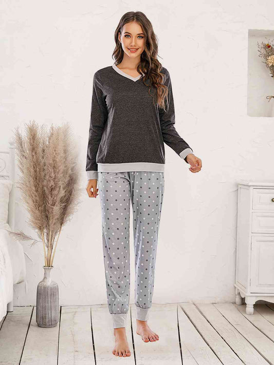 Long Sleeve Top and Polka Dot Pants Set BLUE ZONE PLANET