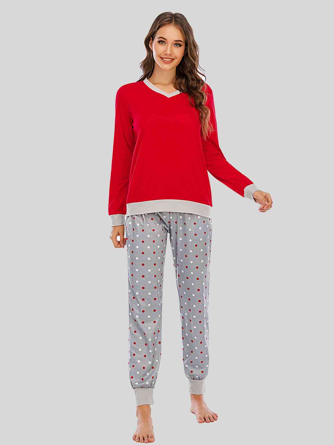 Long Sleeve Top and Polka Dot Pants Set BLUE ZONE PLANET