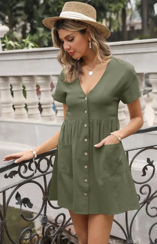 Loose Shirt Dress V-Neck Short Sleeve Pleated Cotton Linen Dress BLUE ZONE PLANET
