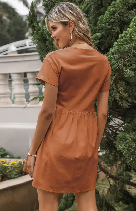 Loose Shirt Dress V-Neck Short Sleeve Pleated Cotton Linen Dress BLUE ZONE PLANET