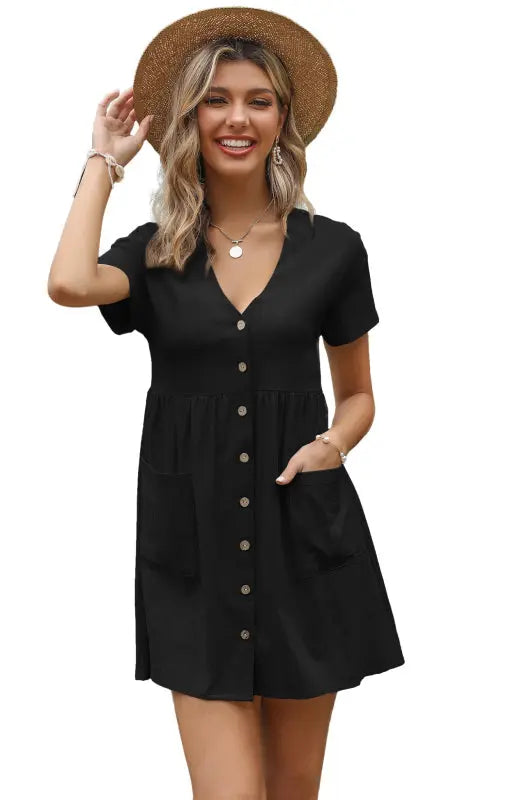Loose Shirt Dress V-Neck Short Sleeve Pleated Cotton Linen Dress BLUE ZONE PLANET