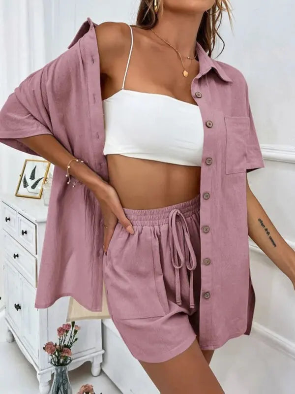 Loose-fit short-sleeve single-breasted shorts Two-piece solid-color shirt set kakaclo