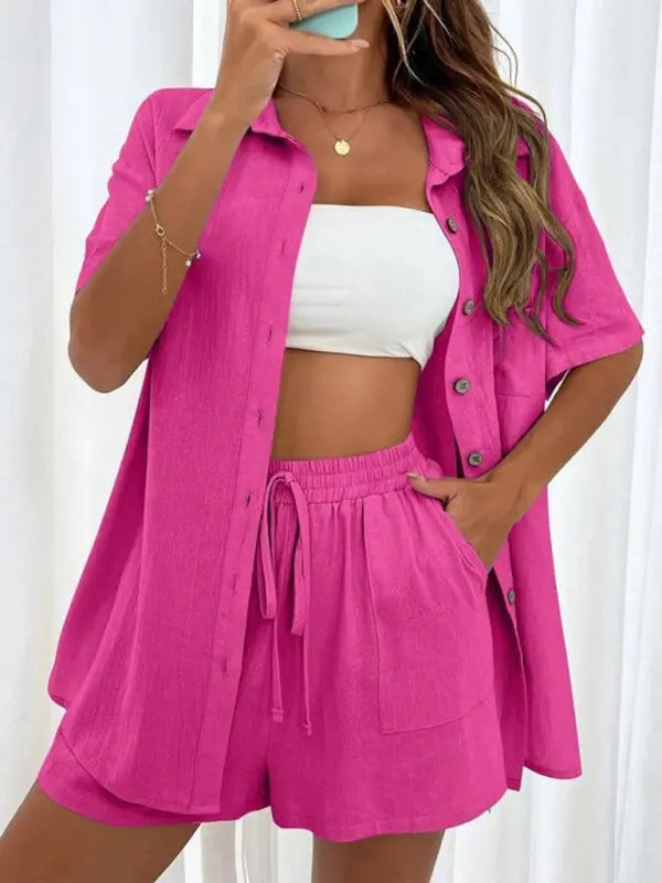 Loose-fit short-sleeve single-breasted shorts Two-piece solid-color shirt set kakaclo