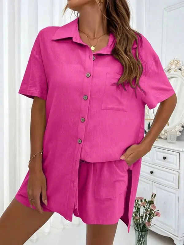 Loose-fit short-sleeve single-breasted shorts Two-piece solid-color shirt set kakaclo