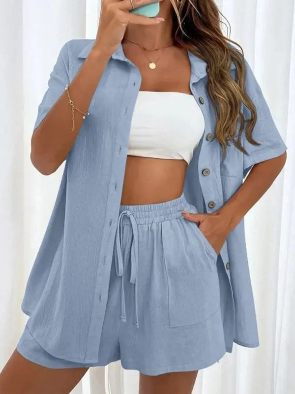 Loose-fit short-sleeve single-breasted shorts Two-piece solid-color shirt set kakaclo