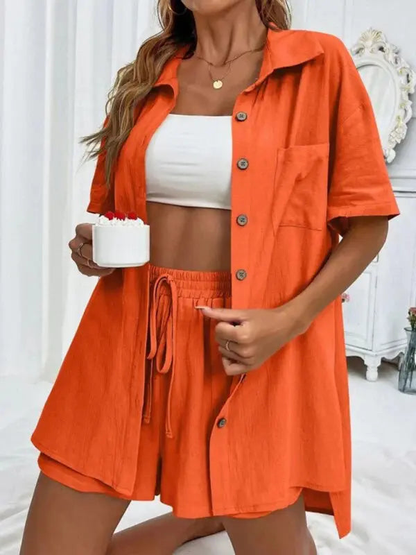 Loose-fit short-sleeve single-breasted shorts Two-piece solid-color shirt set kakaclo