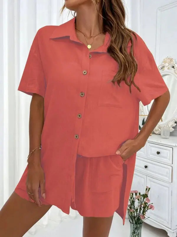 Loose-fit short-sleeve single-breasted shorts Two-piece solid-color shirt set kakaclo