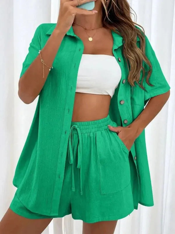 Loose-fit short-sleeve single-breasted shorts Two-piece solid-color shirt set kakaclo
