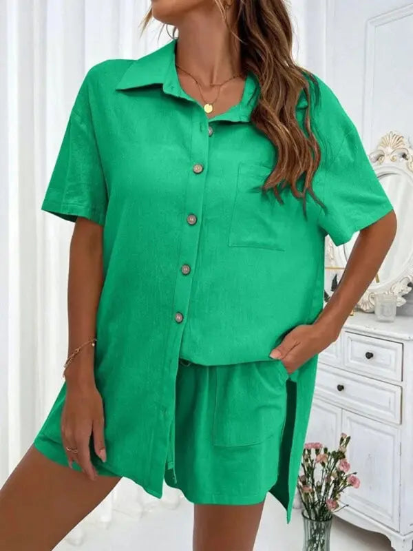 Loose-fit short-sleeve single-breasted shorts Two-piece solid-color shirt set kakaclo