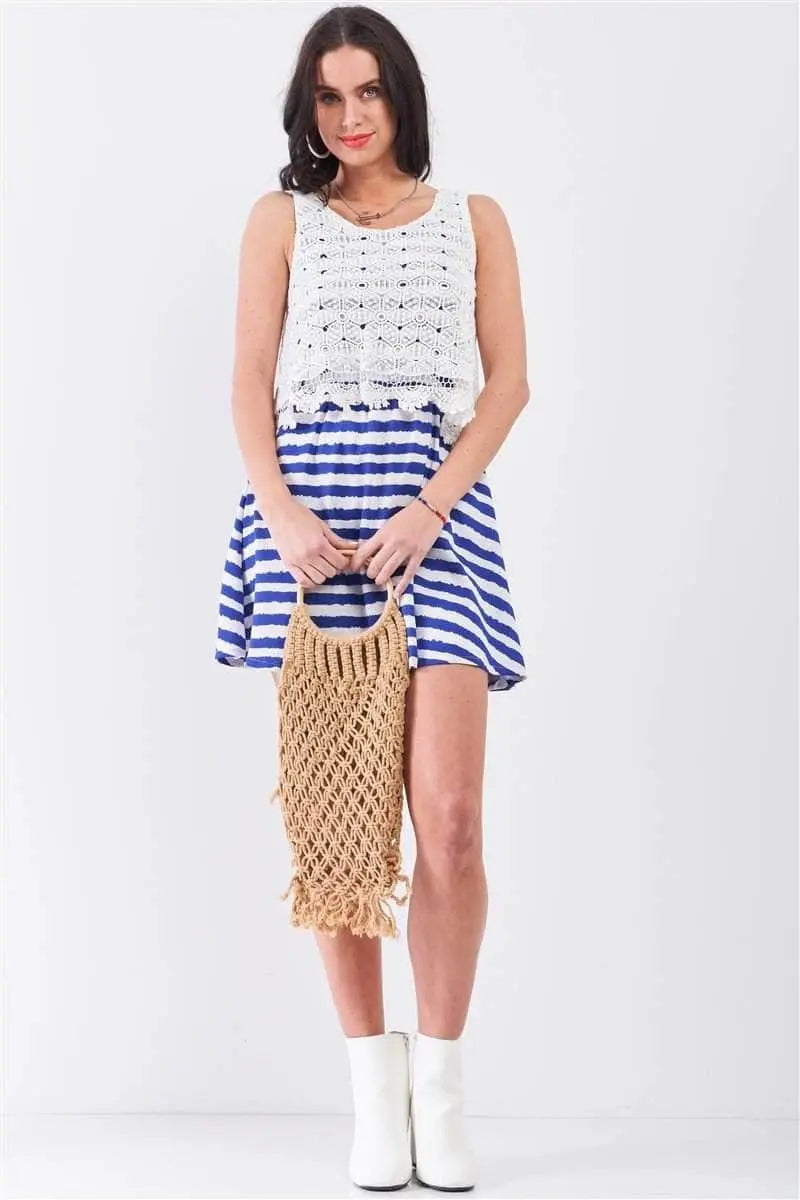 Love Blue Stripes Floral Embroidery Layered Top Mini Dress Blue Zone Planet