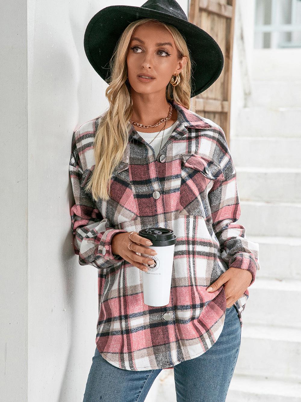 Meet You Outside Plaid Button Down Curved Hem Shacket BLUE ZONE PLANET