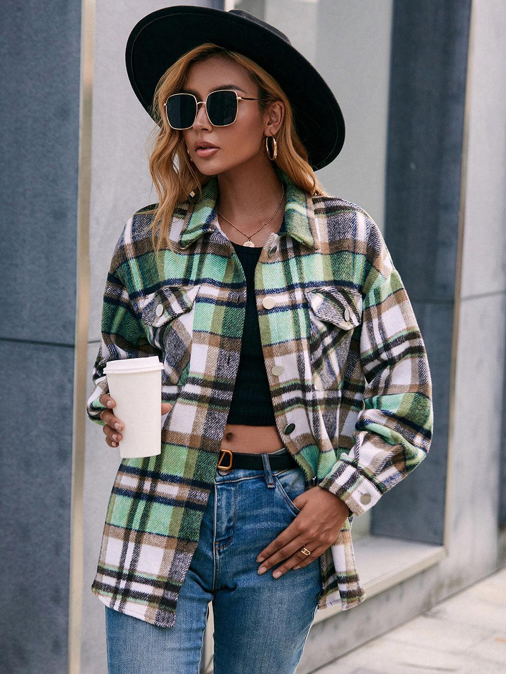 Meet You Outside Plaid Button Down Curved Hem Shacket BLUE ZONE PLANET
