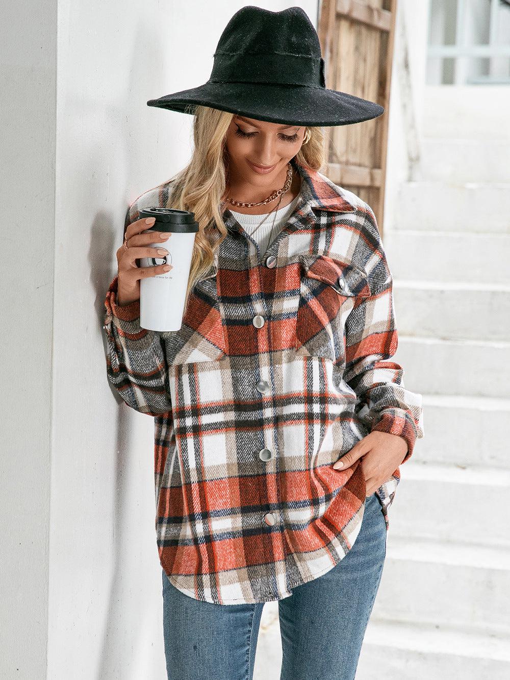 Meet You Outside Plaid Button Down Curved Hem Shacket BLUE ZONE PLANET