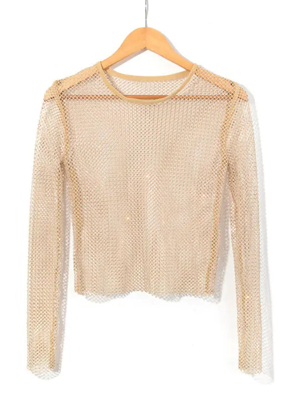 Mesh flash diamond long-sleeved top female sexy nightclub hot girl fishnet T-shirt BLUE ZONE PLANET