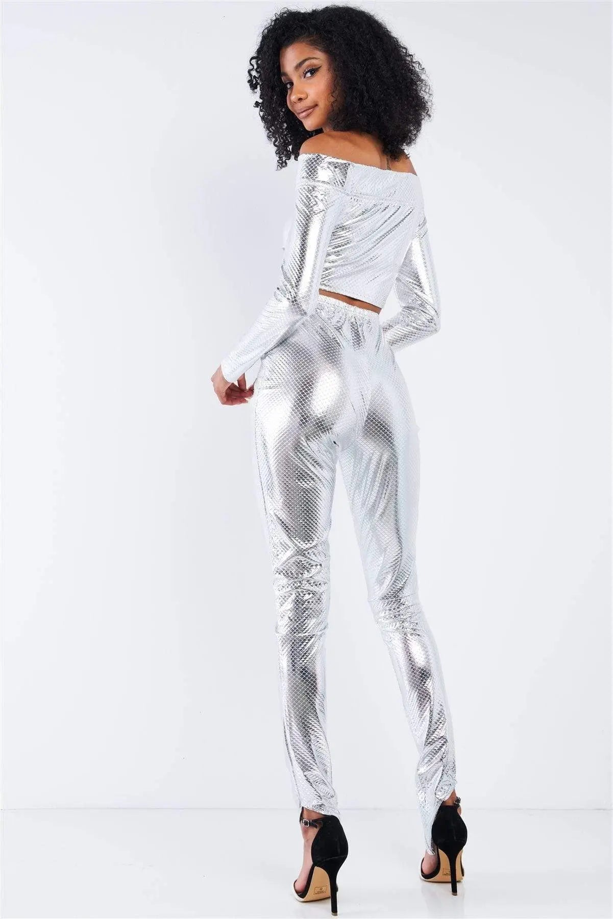 Metallic Small Scales Print Long Sleeve Off-the-shoulder Cropped Top And High Waist Slim Fit Legging Set Blue Zone Planet