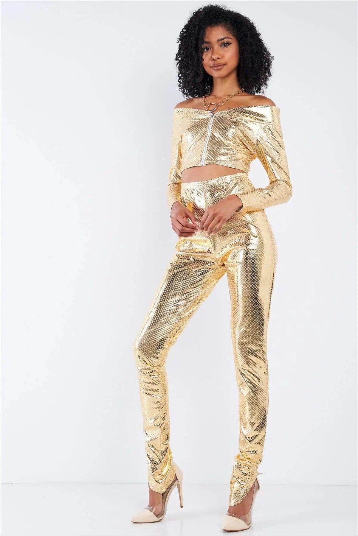 Metallic Small Scales Print Long Sleeve Off-the-shoulder Cropped Top And High Waist Slim Fit Legging Set Blue Zone Planet