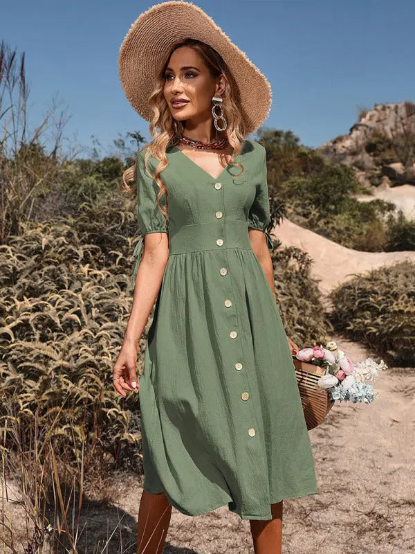 Mia's Woven V-Neck Breasted A-Line Short Sleeve Midi Dress BLUE ZONE PLANET