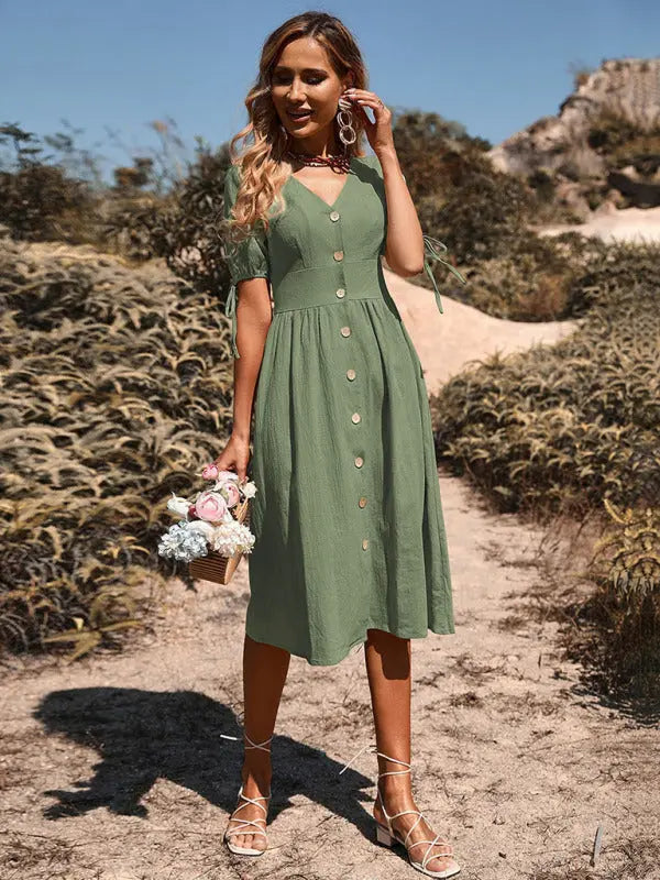 Mia's Woven V-Neck Breasted A-Line Short Sleeve Midi Dress BLUE ZONE PLANET
