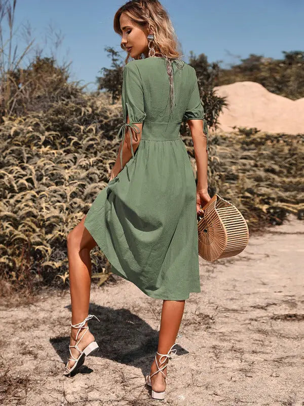 Mia's Woven V-Neck Breasted A-Line Short Sleeve Midi Dress BLUE ZONE PLANET