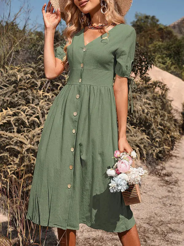 Mia's Woven V-Neck Breasted A-Line Short Sleeve Midi Dress BLUE ZONE PLANET