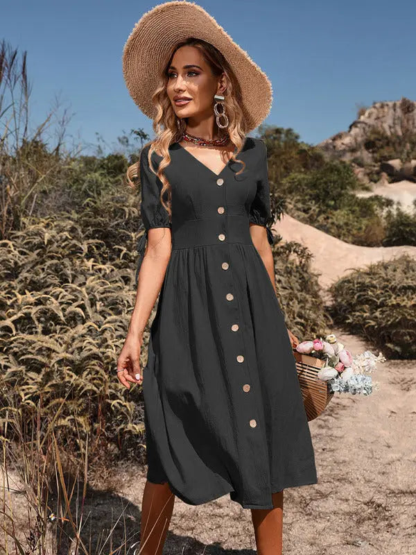 Mia's Woven V-Neck Breasted A-Line Short Sleeve Midi Dress BLUE ZONE PLANET