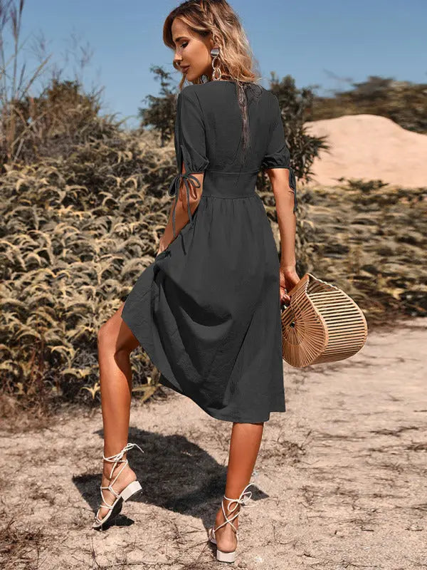 Mia's Woven V-Neck Breasted A-Line Short Sleeve Midi Dress BLUE ZONE PLANET