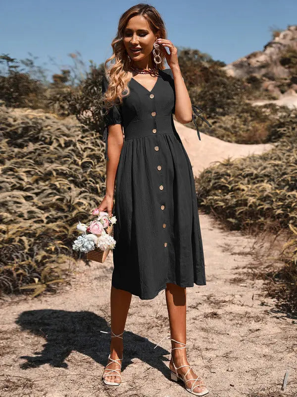 Mia's Woven V-Neck Breasted A-Line Short Sleeve Midi Dress BLUE ZONE PLANET