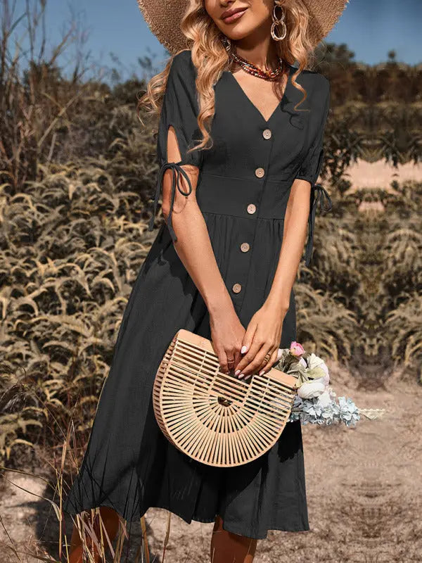 Mia's Woven V-Neck Breasted A-Line Short Sleeve Midi Dress BLUE ZONE PLANET