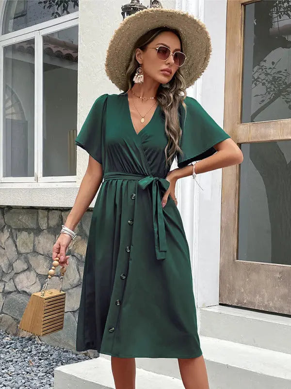 Mia's Woven V-Neck Short Sleeve Midi Dress kakaclo