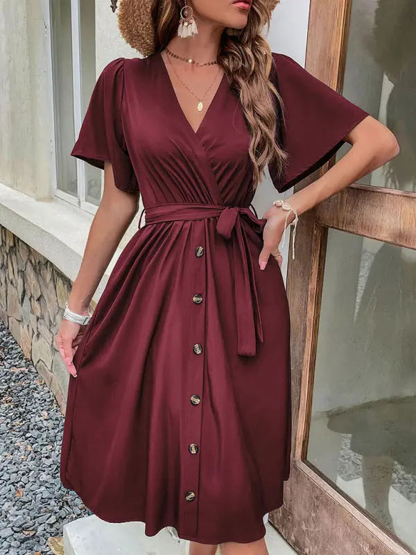 Mia's Woven V-Neck Short Sleeve Midi Dress kakaclo