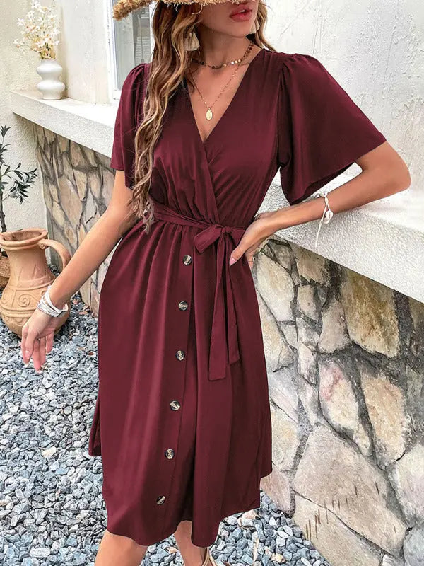 Mia's Woven V-Neck Short Sleeve Midi Dress kakaclo
